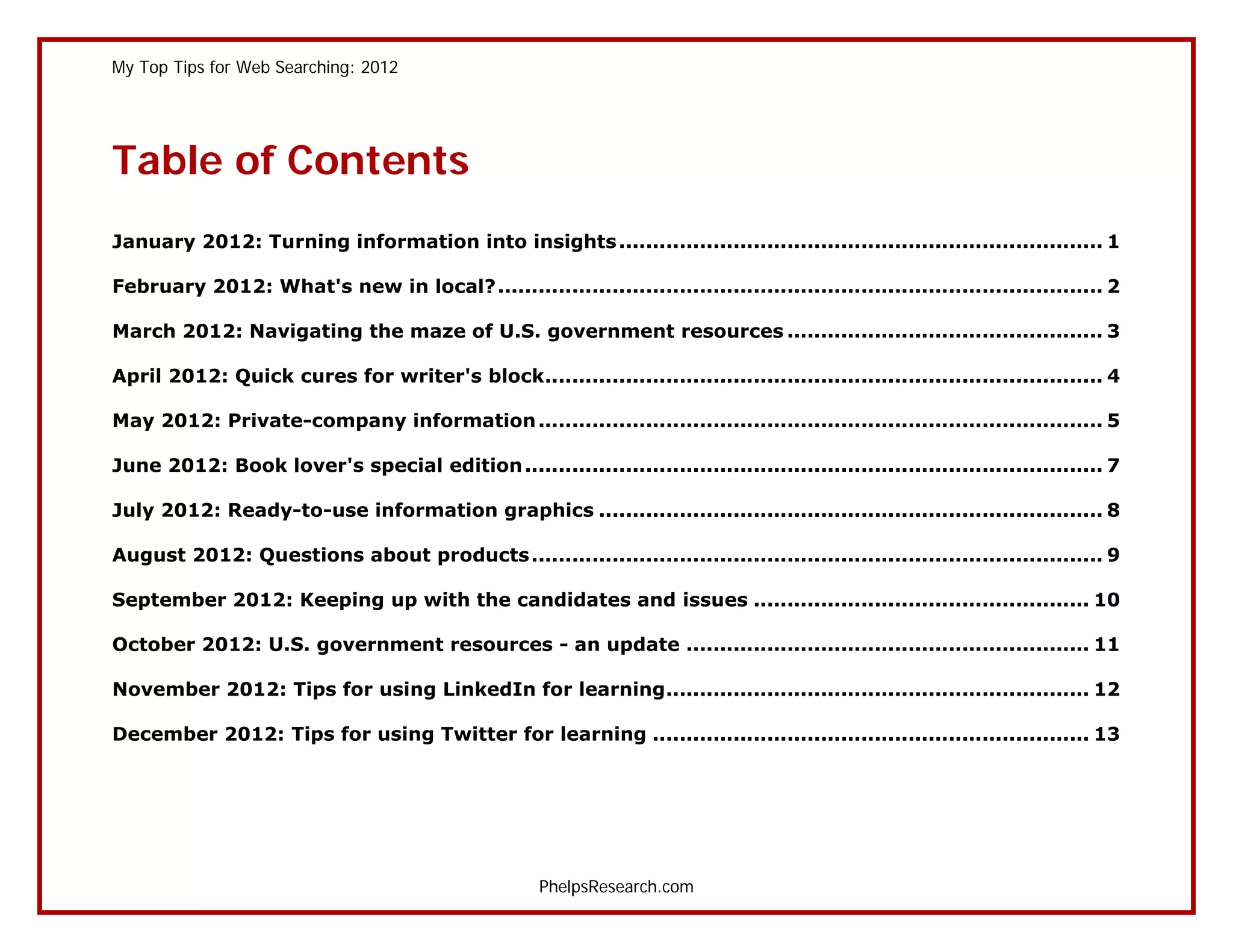 My Top Tips for Web Searching: 2012




Table of Contents
January 2012: Turning information into insights ........................................................................ 1

February 2012: What's new in local? .......................................................................................... 2

March 2012: Navigating the maze of U.S. government resources ............................................... 3

April 2012: Quick cures for writer's block................................................................................... 4

May 2012: Private-company information .................................................................................... 5

June 2012: Book lover's special edition ...................................................................................... 7

July 2012: Ready-to-use information graphics ........................................................................... 8

August 2012: Questions about products ..................................................................................... 9

September 2012: Keeping up with the candidates and issues .................................................. 10

October 2012: U.S. government resources - an update ............................................................ 11

November 2012: Tips for using LinkedIn for learning ............................................................... 12

December 2012: Tips for using Twitter for learning ................................................................. 13




                                                      PhelpsResearch.com
 