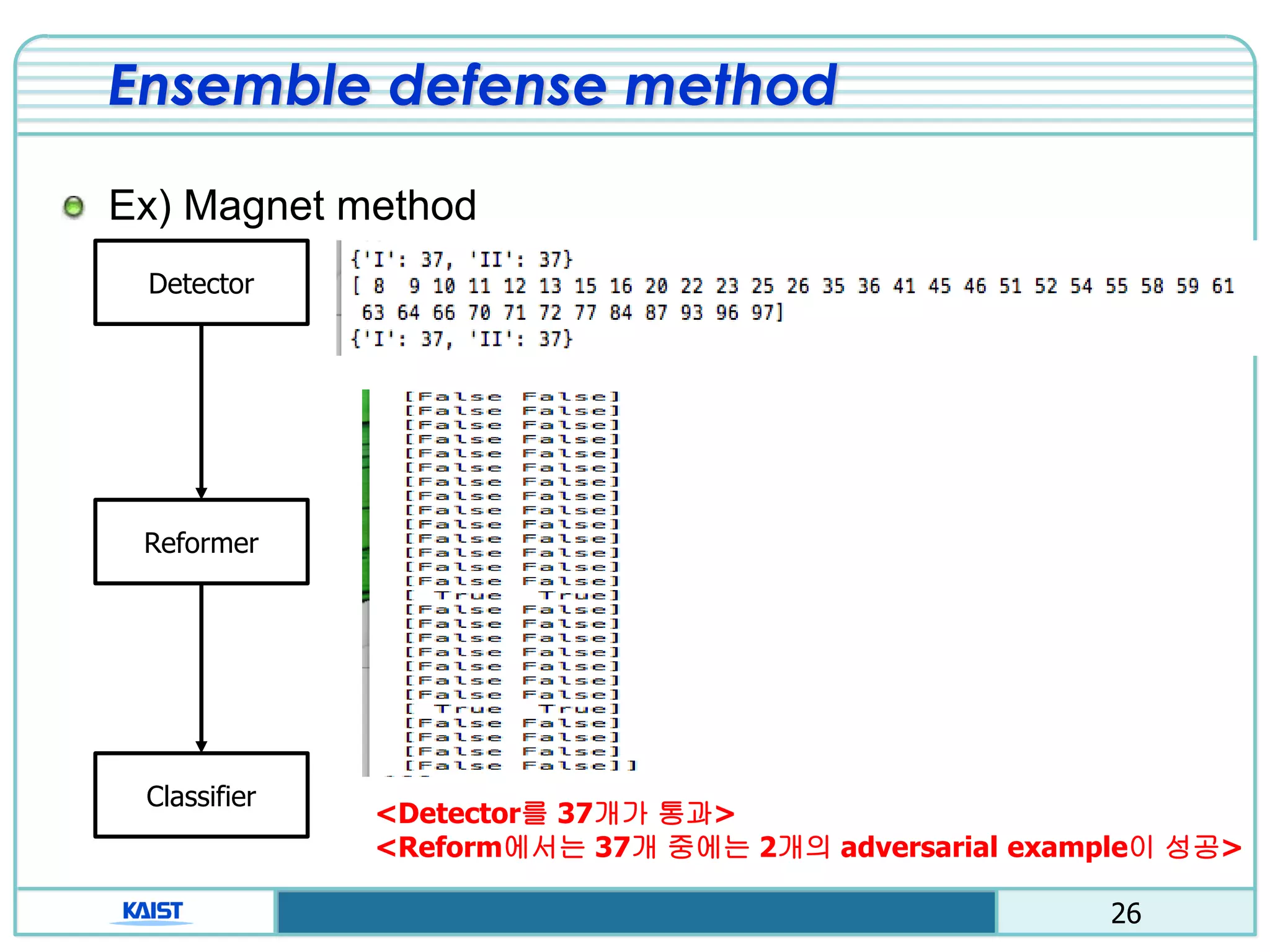 26
Ensemble defense method
Ex) Magnet method
Detector
Reformer
Classifier
<Detector를 37개가 통과>
<Reform에서는 37개 중에는 2개의 adversarial example이 성공>
 