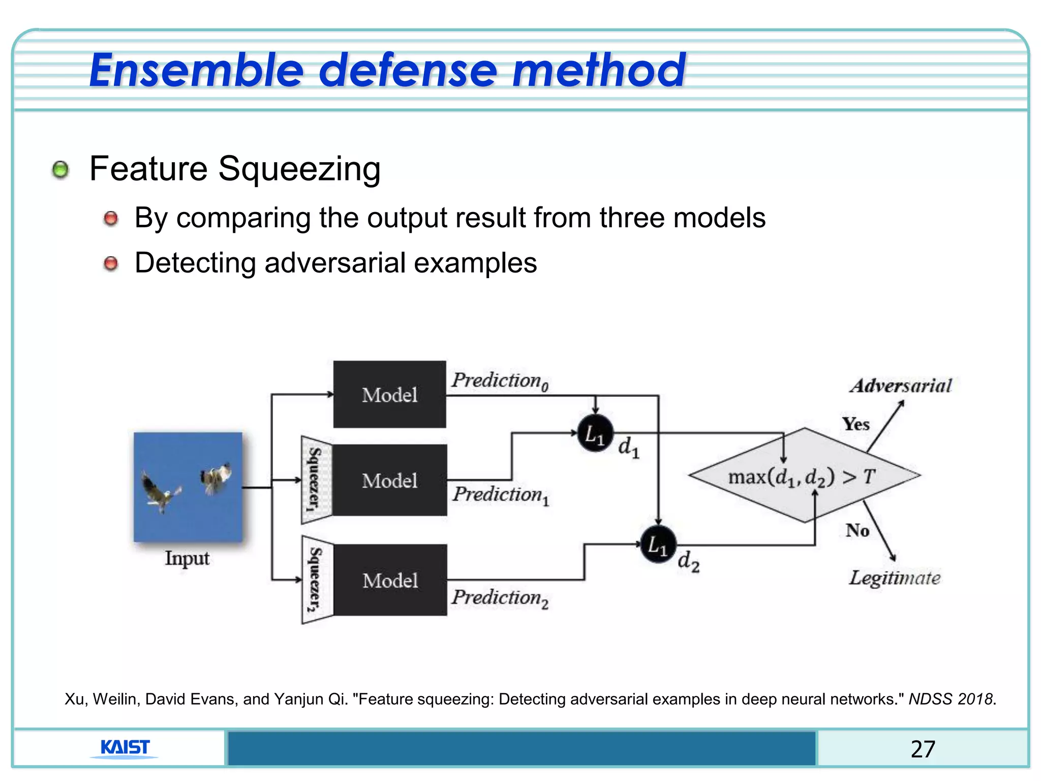 27
Ensemble defense method
Feature Squeezing
By comparing the output result from three models
Detecting adversarial examples
Xu, Weilin, David Evans, and Yanjun Qi. "Feature squeezing: Detecting adversarial examples in deep neural networks." NDSS 2018.
 