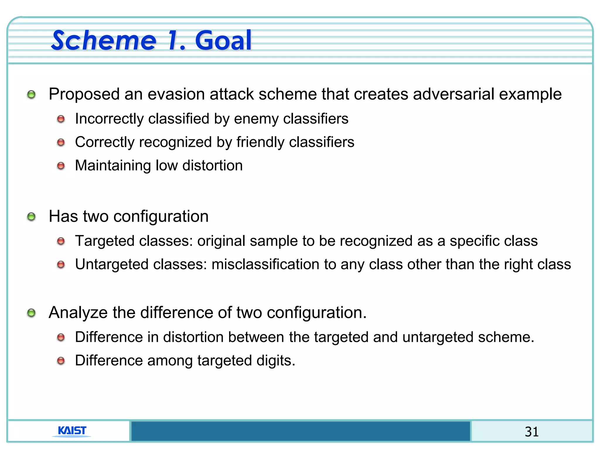 31
Scheme 1. Goal
Proposed an evasion attack scheme that creates adversarial example
Incorrectly classified by enemy classifiers
Correctly recognized by friendly classifiers
Maintaining low distortion
Has two configuration
Targeted classes: original sample to be recognized as a specific class
Untargeted classes: misclassification to any class other than the right class
Analyze the difference of two configuration.
Difference in distortion between the targeted and untargeted scheme.
Difference among targeted digits.
 