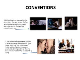CONVENTIONS 
Kidulthood is a teen drama which has 
conventions of drugs, sex and alcohol. 
Which is all presented in the trailer 
with a fast pace to illustrate how 
energetic teens are. 
A love story that something has to ruins 
it. Eg an illness this is presented in “fault 
in our stars” and “ my sisters keeper” 
In this relationships there's always a 
problem that is impossible for them to 
have a normal relationship as one ends up 
dying. 
 