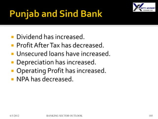     Dividend has increased.
    Profit After Tax has decreased.
    Unsecured loans have increased.
    Depreciation has increased.
    Operating Profit has increased.
    NPA has decreased.



6/5/2012      BANKING SECTOR OUTLOOK   105
 