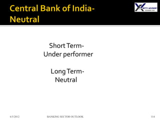 Short Term-
           Under performer

              Long Term-
               Neutral



6/5/2012    BANKING SECTOR OUTLOOK   114
 