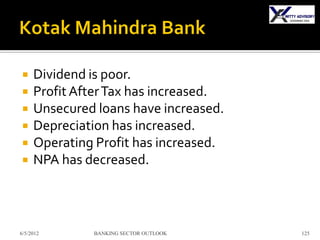     Dividend is poor.
    Profit After Tax has increased.
    Unsecured loans have increased.
    Depreciation has increased.
    Operating Profit has increased.
    NPA has decreased.



6/5/2012      BANKING SECTOR OUTLOOK   125
 