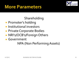 Shareholding
    Promoter's holding
    Institutional investors
    Private Corporate Bodies
    NRI's/OCB's/Foreign Others
    Government
            NPA (Non Performing Assets)


6/5/2012      BANKING SECTOR OUTLOOK      18
 