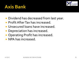     Dividend has decreased from last year.
    Profit After Tax has increased.
    Unsecured loans have increased.
    Depreciation has increased.
    Operating Profit has increased.
    NPA has increased.



6/5/2012       BANKING SECTOR OUTLOOK         29
 
