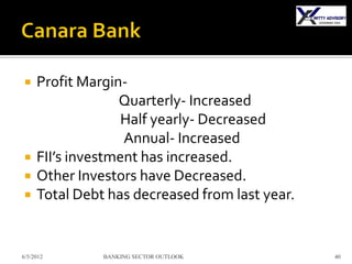     Profit Margin-
                  Quarterly- Increased
                   Half yearly- Decreased
                   Annual- Increased
    FII’s investment has increased.
    Other Investors have Decreased.
    Total Debt has decreased from last year.


6/5/2012       BANKING SECTOR OUTLOOK           40
 