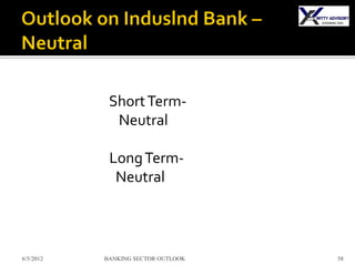 Short Term-
             Neutral

            Long Term-
             Neutral



6/5/2012   BANKING SECTOR OUTLOOK   58
 