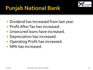     Dividend has Increased from last year.
    Profit After Tax has increased.
    Unsecured loans have increased.
    Depreciation has increased.
    Operating Profit has increased.
    NPA has increased.



6/5/2012       BANKING SECTOR OUTLOOK         69
 