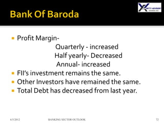     Profit Margin-
                  Quarterly - increased
                  Half yearly- Decreased
                   Annual- increased
    FII’s investment remains the same.
    Other Investors have remained the same.
    Total Debt has decreased from last year.


6/5/2012       BANKING SECTOR OUTLOOK           72
 