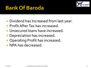     Dividend has Increased from last year.
    Profit After Tax has increased.
    Unsecured loans have increased.
    Depreciation has increased.
    Operating Profit has increased.
    NPA has decreased.



6/5/2012       BANKING SECTOR OUTLOOK         73
 