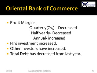     Profit Margin-
                 Quarterly(Q4) – Decreased
                  Half yearly- Decreased
                   Annual- increased
    FII’s investment increased.
    Other Investors have increased.
    Total Debt has decreased from last year.


6/5/2012       BANKING SECTOR OUTLOOK           76
 