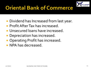     Dividend has Increased from last year.
    Profit After Tax has increased.
    Unsecured loans have increased.
    Depreciation has increased.
    Operating Profit has increased.
    NPA has decreased.



6/5/2012       BANKING SECTOR OUTLOOK         77
 