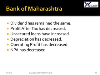     Dividend has remained the same.
    Profit After Tax has decreased.
    Unsecured loans have increased.
    Depreciation has decreased.
    Operating Profit has decreased.
    NPA has decreased.



6/5/2012      BANKING SECTOR OUTLOOK   85
 