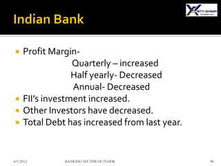     Profit Margin-
                  Quarterly – increased
                  Half yearly- Decreased
                  Annual- Decreased
    FII’s investment increased.
    Other Investors have decreased.
    Total Debt has increased from last year.


6/5/2012       BANKING SECTOR OUTLOOK           96
 