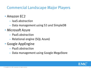 Commercial Landscape Major Players

  • Amazon EC2
            – IaaS abstraction
            – Data management using S3 and SimpleDB
  • Microsoft Azure
            – PaaS abstraction
            – Relational engine (SQL Azure)
  • Google AppEngine
            – PaaS abstraction
            – Data management using Google MegaStore



© Copyright 2011 EMC Corporation. All rights reserved.   11
 