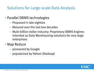 Solutions for Large-scale Data Analysis

  • Parallel DBMS technologies
            – Proposed in late eighties
            – Matured over the last two decades
            – Multi-billion dollar industry: Proprietary DBMS Engines
              intended as Data Warehousing solutions for very large
              enterprises
  • Map Reduce
            – pioneered by Google
            – popularized by Yahoo! (Hadoop)



© Copyright 2011 EMC Corporation. All rights reserved.                  13
 