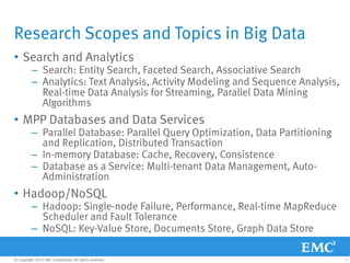 Research Scopes and Topics in Big Data
• Search and Analytics
          – Search: Entity Search, Faceted Search, Associative Search
          – Analytics: Text Analysis, Activity Modeling and Sequence Analysis,
            Real-time Data Analysis for Streaming, Parallel Data Mining
            Algorithms
• MPP Databases and Data Services
          – Parallel Database: Parallel Query Optimization, Data Partitioning
            and Replication, Distributed Transaction
          – In-memory Database: Cache, Recovery, Consistence
          – Database as a Service: Multi-tenant Data Management, Auto-
            Administration
• Hadoop/NoSQL
          – Hadoop: Single-node Failure, Performance, Real-time MapReduce
            Scheduler and Fault Tolerance
          – NoSQL: Key-Value Store, Documents Store, Graph Data Store

© Copyright 2011 EMC Corporation. All rights reserved.                           7
 