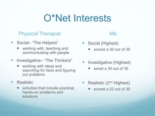 O*Net Interests
Physical Therapist
 Social– “The Helpers”
 working with, teaching and
communicating with people
 Investigative– “The Thinkers”
 working with ideas and
searching for facts and figuring
out problems
 Realistic
 activities that include practical,
hands-on problems and
solutions
Me
 Social (Highest)
 scored a 30 out of 30
 Investigative (Highest)
 sored a 30 out of 30
 Realistic (2nd Highest)
 scored a 22 out of 30
 