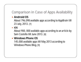 Comparison in Case of Apps Availability
 Android OS
About 796,098 available apps according to AppBrain till
23 July, 2013. [7]
 iOS
About 900, 000 available apps according to an article by
Sam Costello till June 2013. [8]
 Windows Phone OS
145,000 available apps till May 2013 according to
Windows Phone Blog. [9]
 
