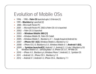 Evolution of Mobile OSs
 1996 - 1998 – Palm OS launched upto 3.0Version [1]
 1999 – Blackberry Launched [2]
 2000 – Mircrosoft Pocket PC
 2001 – Microsoft Pocket PC 2002 & Palm OS 4.0 is launched
 2002 – Palm OS 5.0 launched
 2003 – Windows Mobile 2003 [1]
 2004 –Windows Mobile SE, Palm OS Cobalt
 2005 –Windows Mobile 5 , Blackberry 4.1 , GoogleAcquiredAndroid Inc
 2007 – iPhone OS 1.0[3],Windows Mobile 6, Blackberry 4.2
 2008 – iPhone OS 2.0, Blackberry 5.0 ,Windows Mobile 6.1, Android 1.0[4],
 2009 – Symbian launched[5], Android 1.1,Android 2.1 ( Later ) Blackberry OS
5, Windows Mobile 6.5 , Samsung Bada 1.0, iPhone OS 3.0 , HPWeb OS
 2010 – iPhone 4.0 , Blackberry 6,Windows Phone 7,Android 2.2 , Symbian OS
 2011 – Android 3.0 , iPhone OS 5 , Blackberry 7.0
 2012 – Android 4.1,Android 4.2, iPhone OS 6 , Blackberry 7.1
 