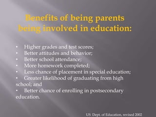   Become involved in their children’s education at school and in the communityBenefits of being parents being involved in education:     Higher grades and test scores; 