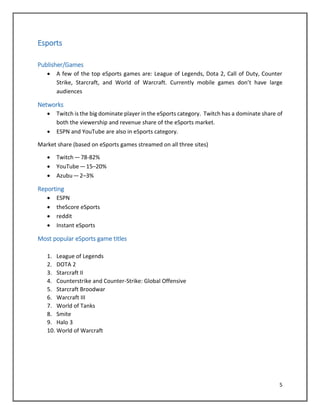 5
Esports
Publisher/Games
 A few of the top eSports games are: League of Legends, Dota 2, Call of Duty, Counter
Strike, Starcraft, and World of Warcraft. Currently mobile games don’t have large
audiences
Networks
 Twitch is the big dominate player in the eSports category. Twitch has a dominate share of
both the viewership and revenue share of the eSports market.
 ESPN and YouTube are also in eSports category.
Market share (based on eSports games streamed on all three sites)
 Twitch — 78-82%
 YouTube — 15–20%
 Azubu — 2–3%
Reporting
 ESPN
 theScore eSports 
 reddit
 Instant eSports
Most popular eSports game titles
1. League of Legends
2. DOTA 2
3. Starcraft II
4. Counterstrike and Counter-Strike: Global Offensive
5. Starcraft Broodwar
6. Warcraft III
7. World of Tanks
8. Smite
9. Halo 3
10. World of Warcraft
 