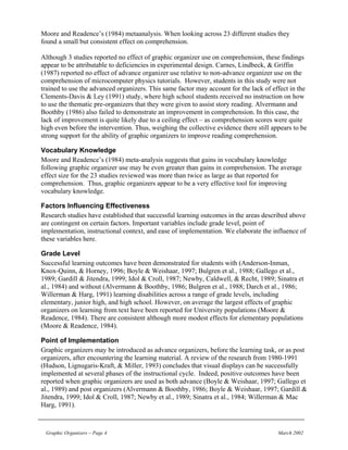 Moore and Readence’s (1984) metaanalysis. When looking across 23 different studies they
found a small but consistent effect on comprehension.

Although 3 studies reported no effect of graphic organizer use on comprehension, these findings
appear to be attributable to deficiencies in experimental design. Carnes, Lindbeck, & Griffin
(1987) reported no effect of advance organizer use relative to non-advance organizer use on the
comprehension of microcomputer physics tutorials. However, students in this study were not
trained to use the advanced organizers. This same factor may account for the lack of effect in the
Clements-Davis & Ley (1991) study, where high school students received no instruction on how
to use the thematic pre-organizers that they were given to assist story reading. Alvermann and
Boothby (1986) also failed to demonstrate an improvement in comprehension. In this case, the
lack of improvement is quite likely due to a ceiling effect – as comprehension scores were quite
high even before the intervention. Thus, weighing the collective evidence there still appears to be
strong support for the ability of graphic organizers to improve reading comprehension.

Vocabulary Knowledge
Moore and Readence’s (1984) meta-analysis suggests that gains in vocabulary knowledge
following graphic organizer use may be even greater than gains in comprehension. The average
effect size for the 23 studies reviewed was more than twice as large as that reported for
comprehension. Thus, graphic organizers appear to be a very effective tool for improving
vocabulary knowledge.

Factors Influencing Effectiveness
Research studies have established that successful learning outcomes in the areas described above
are contingent on certain factors. Important variables include grade level, point of
implementation, instructional context, and ease of implementation. We elaborate the influence of
these variables here.

Grade Level
Successful learning outcomes have been demonstrated for students with (Anderson-Inman,
Knox-Quinn, & Horney, 1996; Boyle & Weishaar, 1997; Bulgren et al., 1988; Gallego et al.,
1989; Gardill & Jitendra, 1999; Idol & Croll, 1987; Newby, Caldwell, & Recht, 1989; Sinatra et
al., 1984) and without (Alvermann & Boothby, 1986; Bulgren et al., 1988; Darch et al., 1986;
Willerman & Harg, 1991) learning disabilities across a range of grade levels, including
elementary, junior high, and high school. However, on average the largest effects of graphic
organizers on learning from text have been reported for University populations (Moore &
Readence, 1984). There are consistent although more modest effects for elementary populations
(Moore & Readence, 1984).

Point of Implementation
Graphic organizers may be introduced as advance organizers, before the learning task, or as post
organizers, after encountering the learning material. A review of the research from 1980-1991
(Hudson, Lignugaris-Kraft, & Miller, 1993) concludes that visual displays can be successfully
implemented at several phases of the instructional cycle. Indeed, positive outcomes have been
reported when graphic organizers are used as both advance (Boyle & Weishaar, 1997; Gallego et
al., 1989) and post organizers (Alvermann & Boothby, 1986; Boyle & Weishaar, 1997; Gardill &
Jitendra, 1999; Idol & Croll, 1987; Newby et al., 1989; Sinatra et al., 1984; Willerman & Mac
Harg, 1991).



 Graphic Organizers – Page 4                                                            March 2002
 
