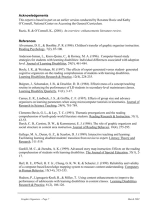 Acknowledgements
This report is based in part on an earlier version conducted by Roxanne Ruzic and Kathy
O’Connell, National Center on Accessing the General Curriculum.

Ruzic, R. & O’Connell, K., (2001). An overview: enhancements literature review.


References
Alvermann, D. E., & Boothby, P. R. (1986). Children's transfer of graphic organizer instruction.
Reading Psychology, 7(2), 87-100.

Anderson-Inman, L., Knox-Quinn, C., & Horney, M. A. (1996). Computer-based study
strategies for students with learning disabilities: Individual differences associated with adoption
level. Journal of Learning Disabilities, 29(5), 461-484.
Boyle, J. R., & Weishaar, M. (1997). The effects of expert-generated versus student- generated
cognitive organizers on the reading comprehension of students with learning disabilities.
Learning Disabilities Research & Practice, 12(4), 228-235.

Bulgren, J., Schumaker, J. B., & Deschler, D. D. (1988). Effectiveness of a concept teaching
routine in enhancing the performance of LD students in secondary-level mainstream classes.
Learning Disability Quarterly, 11(1), 3-17.

Carnes, E. R., Lindbeck, J. S., & Griffin, C. F. (1987). Effects of group size and advance
organizers on learning parameters when using microcomputer tutorials in kinematics. Journal of
Research in Science Teaching, 24(9), 781-789.

Clements-Davis, G. L., & Ley, T. C. (1991). Thematic preorganizers and the reading
comprehension of tenth-grade world literature students. Reading Research & Instruction, 31(1),
43-53.
Darch, C. B., Carnine, D. W., & Kammeenui, E. J. (1986). The role of graphic organizers and
social structure in content area instruction. Journal of Reading Behavior, 18(4), 275-295.

Gallego, M. A., Duran, G. Z., & Scanlon, D. J. (1989). Interactive teaching and learning:
Facilitating learning disabled students' transition from novice to expert. Literacy Theory and
Research, 311-319.

Gardill, M. C., & Jitendra, A. K. (1999). Advanced story map instruction: Effects on the reading
comprehension of students with learning disabilities. The Journal of Special Education, 33(1), 2-
17.

Herl, H. E., O'Neil, H. F. Jr., Chung, G. K. W. K. & Schacter, J. (1999). Reliability and validity
of a computer-based knowledge mapping system to measure content understanding. Computers
in Human Behavior, 15(3-4), 315-333.

Hudson, P., Lignugaris-Kraft, B., & Miller, T. Using content enhancements to improve the
performance of adolescents with learning disabilities in content classes. Learning Disabilities
Research & Practice, 8 (2), 106-126.



 Graphic Organizers – Page 7                                                             March 2002
 