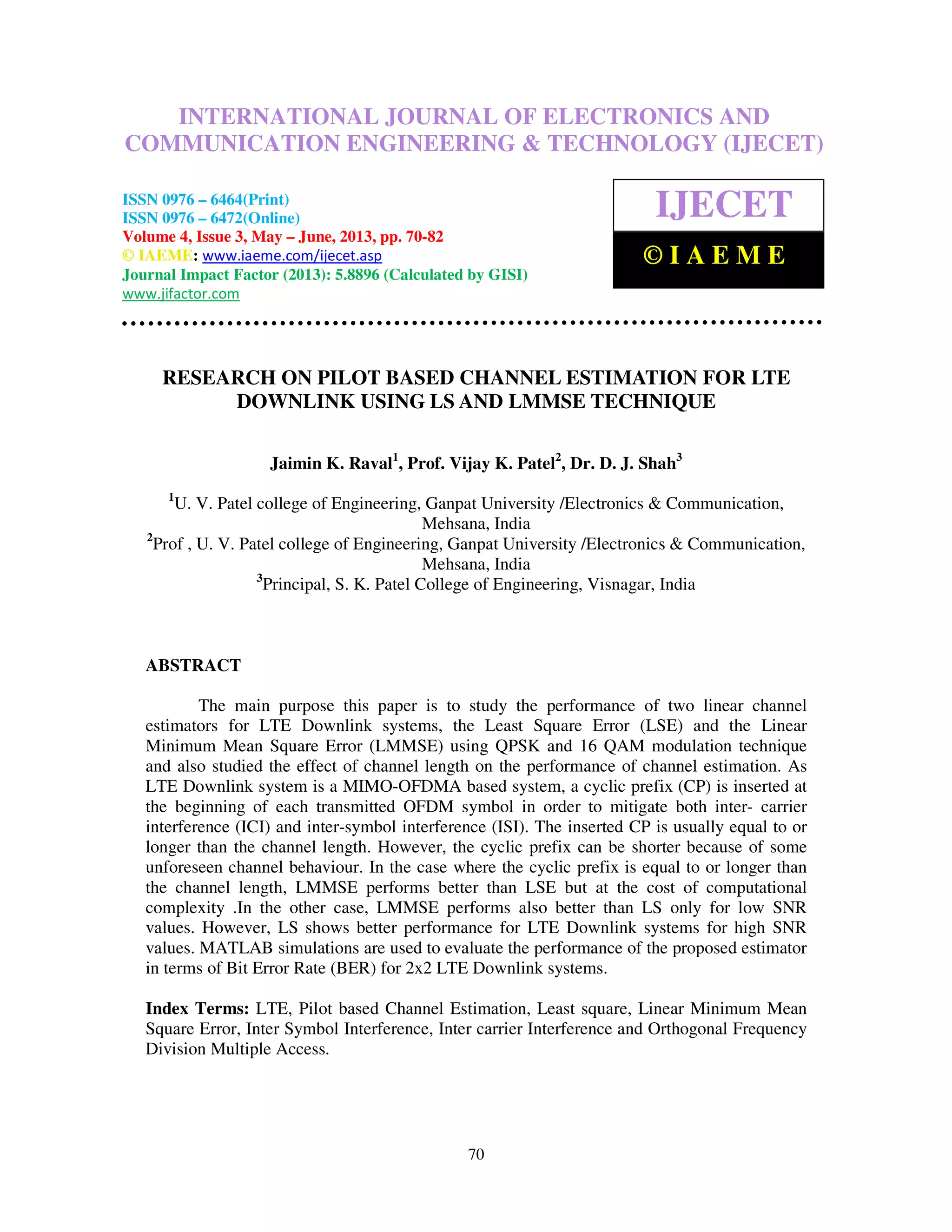 Research on pilot based channel estimation for lte downlink | PDF