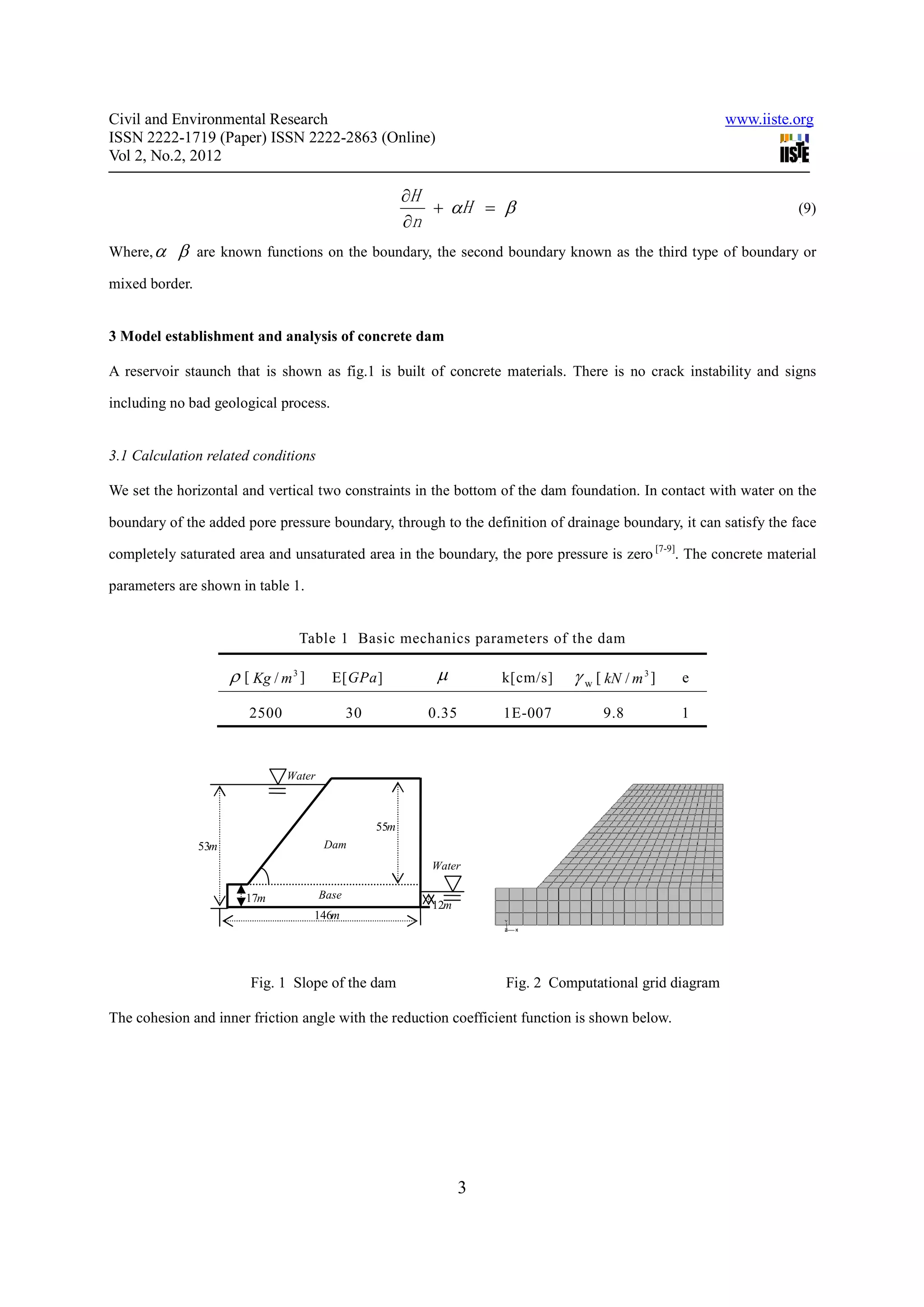 Civil and Environmental Research                                                                           www.iiste.org
ISSN 2222-1719 (Paper) ISSN 2222-2863 (Online)
Vol 2, No.2, 2012

                                                          ∂H
                                                             + αH = β                                                (9)
                                                          ∂n
Where, α   β    are known functions on the boundary, the second boundary known as the third type of boundary or

mixed border.


3 Model establishment and analysis of concrete dam

A reservoir staunch that is shown as fig.1 is built of concrete materials. There is no crack instability and signs

including no bad geological process.


3.1 Calculation related conditions

We set the horizontal and vertical two constraints in the bottom of the dam foundation. In contact with water on the

boundary of the added pore pressure boundary, through to the definition of drainage boundary, it can satisfy the face

completely saturated area and unsaturated area in the boundary, the pore pressure is zero [7-9]. The concrete material

parameters are shown in table 1.


                                  Table 1 Basic mechanics parameters of the dam

                      ρ [ Kg / m 3 ]      E[GPa]             µ         k[cm/s]   γ w [ kN / m 3 ]   e

                         2500                  30           0.35       1E-007         9.8           1



                                Water



                                                    55m
                53m                     Dam
                                                            Water

                         17m            Base
                                                            12m
                                       146m




                         Fig. 1 Slope of the dam                       Fig. 2 Computational grid diagram

The cohesion and inner friction angle with the reduction coefficient function is shown below.




                                                                   3
 
