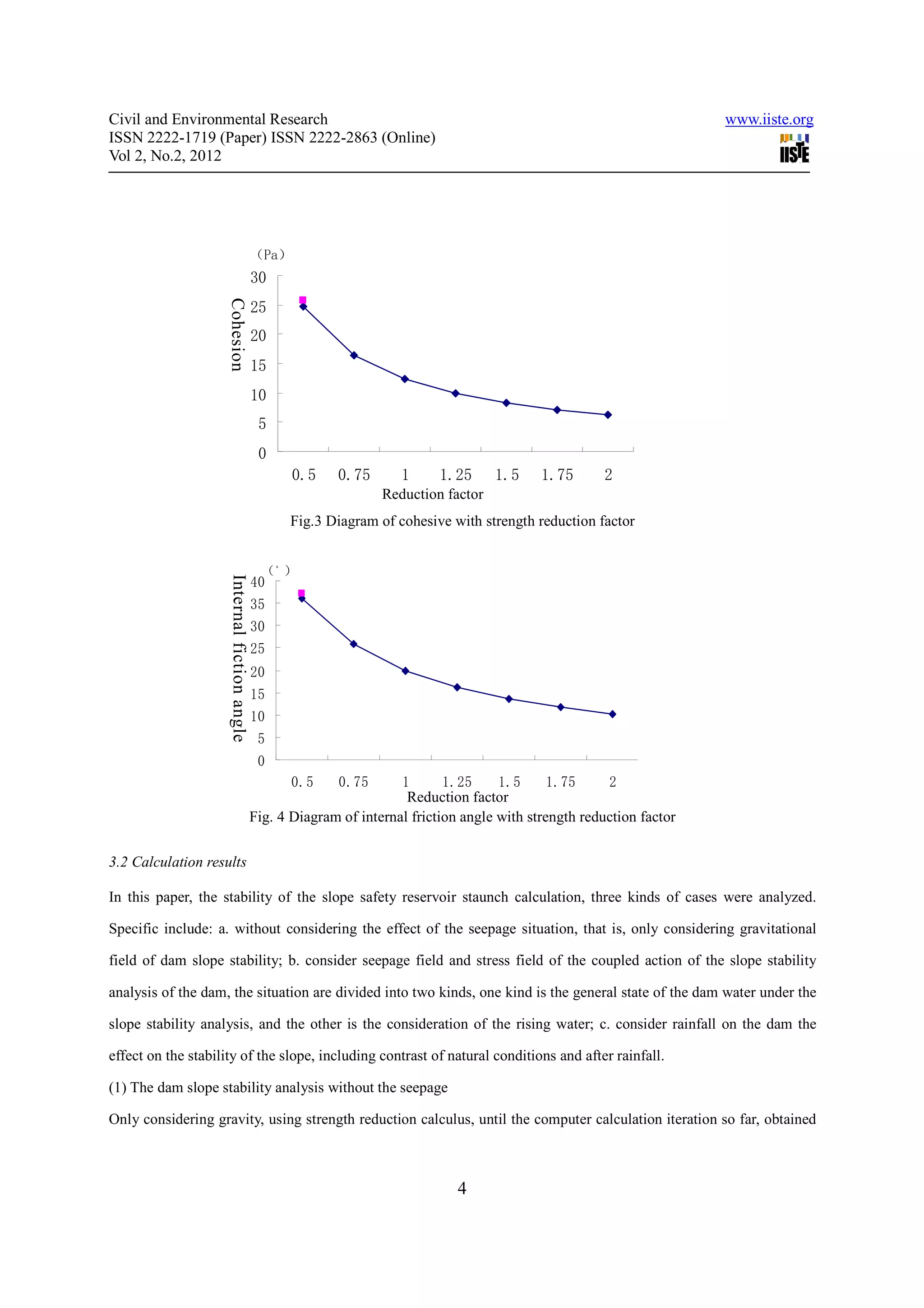 Civil and Environmental Research                                                                                         www.iiste.org
ISSN 2222-1719 (Paper) ISSN 2222-2863 (Online)
Vol 2, No.2, 2012




                                              （Pa）
                                              30
                     Cohesion



                                              25
                                              20
                    粘聚力




                                              15
                                              10
                                               5
                                               0
                                                       0.5    0.75       1     1.25     1.5    1.75       2
                                                                     Reduction factor
                                                                           折减系数
                                                       Fig.3 Diagram of cohesive with strength reduction factor

                                                   。
                                                （ ）
                                              40
                     Internal fiction angle




                                              35
                                              30
                                              25
                     内摩擦角




                                              20
                                              15
                                              10
                                               5
                                               0
                                                       0.5    0.75     1       1.25     1.5      1.75     2
                                                                             折减系数
                                                                        Reduction factor
                                              Fig. 4 Diagram of internal friction angle with strength reduction factor

3.2 Calculation results

In this paper, the stability of the slope safety reservoir staunch calculation, three kinds of cases were analyzed.

Specific include: a. without considering the effect of the seepage situation, that is, only considering gravitational

field of dam slope stability; b. consider seepage field and stress field of the coupled action of the slope stability

analysis of the dam, the situation are divided into two kinds, one kind is the general state of the dam water under the

slope stability analysis, and the other is the consideration of the rising water; c. consider rainfall on the dam the

effect on the stability of the slope, including contrast of natural conditions and after rainfall.

(1) The dam slope stability analysis without the seepage

Only considering gravity, using strength reduction calculus, until the computer calculation iteration so far, obtained



                                                                                  4
 