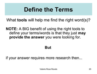 Define the Terms
What tools will help me find the right word(s)?

NOTE: A BIG benefit of using the right tools to
 define ...