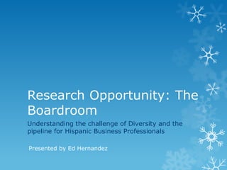 Research Opportunity: The
Boardroom
Understanding the challenge of Diversity and the
pipeline for Hispanic Business Professionals

Presented by Ed Hernandez
 