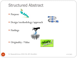 Structured Abstract
 Purpose
 Design/methodology/approach
 Findings
 Originality /Value
4/9/2025
40 Dr. Manjunath Kottari, HOD CSE,AIET, Moodbidri
 