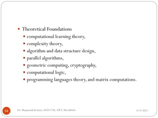 4/9/2025
Dr. Manjunath Kottari, HOD CSE,AIET, Moodbidri
54
 Theoretical Foundations
 computational learning theory,
 complexity theory,
 algorithm and data structure design,
 parallel algorithms,
 geometric computing, cryptography,
 computational logic,
 programming languages theory, and matrix computations.
 