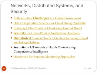 Networks, Distributed Systems, and
Security
4/9/2025
Dr. Manjunath Kottari, HOD CSE,AIET, Moodbidri
55
 Authentication Challenges in a Global Environment
 Data Deduplication Schemes for Cloud Storage Systems
 Reducing DDoSAttack in Cloud using Layered Model
 Security for Cyber-Physical Systems in Healthcare
 Distributed AnomalyTraffic DetectionTechnology Based
on Hadoop Platform
 Security in IoT towards e-Health Context using
Computational Intelligence
 Framework for Runtime Monitoring Approaches
 