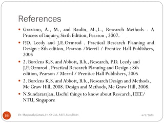 References
 Graziano, A., M., and Raulin, M.,L., Research Methods - A
Process of Inquiry, Sixth Edition, Pearson , 2007.
 P.D. Leedy and J.E.Ormrod . Practical Research Planning and
Design : 8th edition, Pearson /Merril / Prentice Hall Publishers,
2005
 2. Bordens K.S. andAbbott, B.b., Research, P.D. Leedy and
J.E.Ormrod . Practical Research Planning and Design : 8th
edition, Pearson / Merril / Prentice Hall Publishers, 2005
 2. Bordens K.S. andAbbott, B.b., Research Design and Methods,
Mc Graw Hill, 2008. Design and Methods, Mc Graw Hill, 2008.
 N.Sundararajan, Useful things to know about Research, IEEE/
NTU, Singapore
4/9/2025
56 Dr. Manjunath Kottari, HOD CSE,AIET, Moodbidri
 