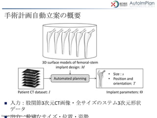 手術計画自動立案の概要




                                           3D surface models of femoral-stem
                                                   implant design: M
                                                                                • Size : s
                                                 Automated planning             • Position and
                                                                                  orientation: T

                 Patient CT dataset: I                                         Implant parameters: Θ

        入力：股関節3次元CT画像・全サイズのステム3次元形状
         データ
Copyright © Osaka Univ., Kobe Univ. 2011
 