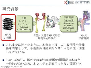 研究背景

                               自動                              手術計画
                              セグメン                             自動立案
                                                               [Otomaru et
                              テーション                             al., MICCAI
                                  [Yokota et                   2009, MedIA
                             al., MICCAI 2009]                     2011]

     3次元                                         骨盤・大腿骨3次元形状                   3次元
     CT画像                                          解剖学的特徴点                    手術計画

        これまでに述べたように，本研究では，人工股関節全置換
         術を対象として，手術計画自動立案システムを研究・開発
         してきている．

        しかしながら，国外では3次元CT画像の撮影が日本ほど
         一般的でないため，本システムが適用できない問題があ
Copyright © Osaka Univ., Kobe Univ. 2011
 