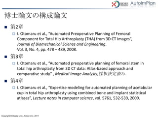 博士論文の構成論文
        第2章
               I. Otomaru et al., “Automated Preoperative Planning of Femoral
                Component for Total Hip Arthroplasty (THA) from 3D CT Images”,
                Journal of Biomechanical Science and Engineering,
                Vol. 3, No. 4, pp. 478 – 489, 2008.
        第3章
               I. Otomaru et al., “Automated preoperative planning of femoral stem in
                total hip arthroplasty from 3D CT data: Atlas-based approach and
                comparative study” , Medical Image Analysis, 採択決定済み.
        第4章
               I. Otomaru et al., “Expertise modeling for automated planning of acetabular
                cup in total hip arthroplasty using combined bone and implant statistical
                atlases”, Lecture notes in computer science, vol. 5761, 532-539, 2009.


Copyright © Osaka Univ., Kobe Univ. 2011
 