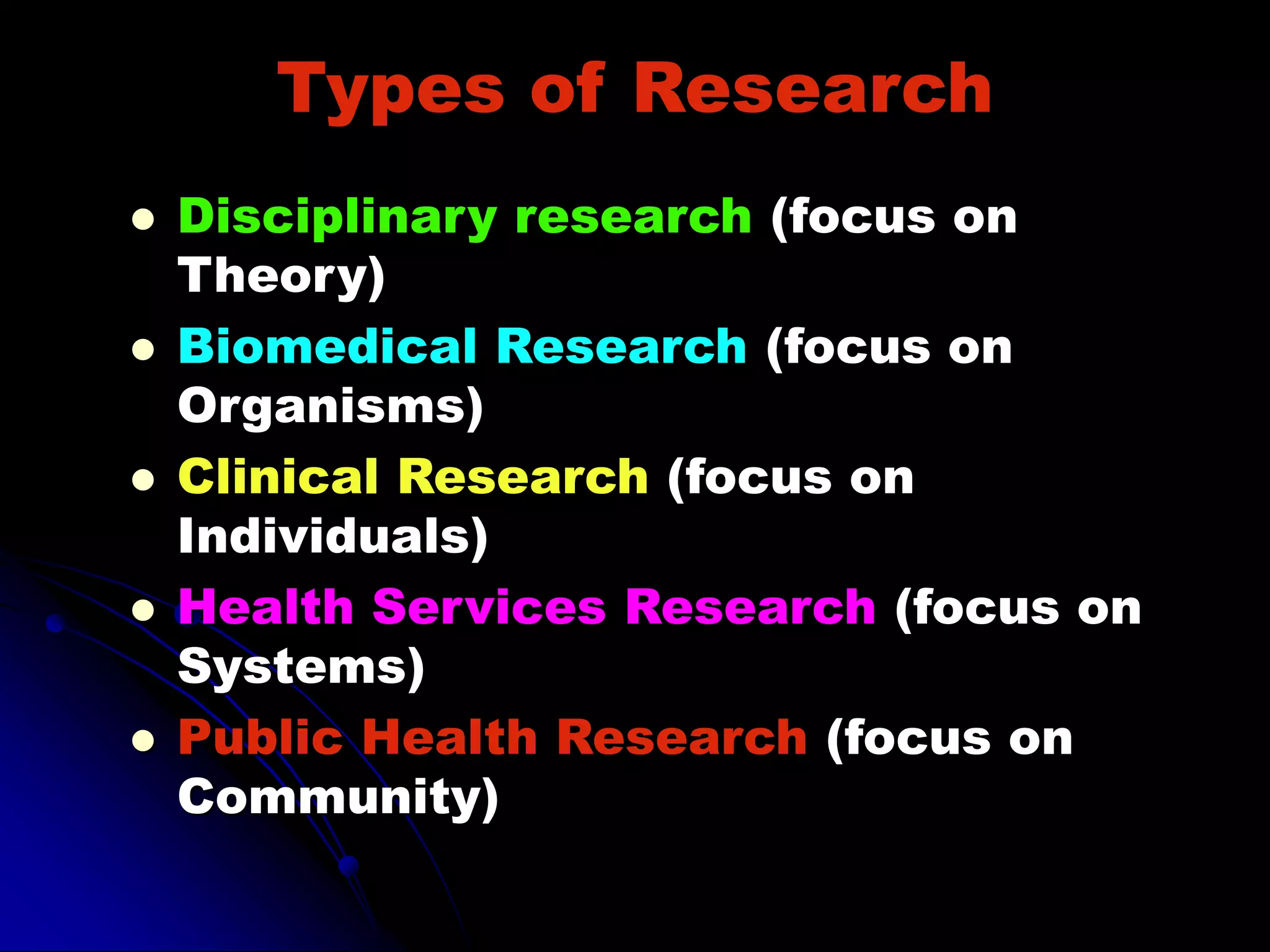 Types of Research
 Disciplinary research (focus on
Theory)
 Biomedical Research (focus on
Organisms)
 Clinical Research (focus on
Individuals)
 Health Services Research (focus on
Systems)
 Public Health Research (focus on
Community)
 
