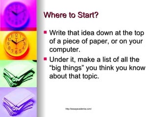 Where to Start? Write that idea down at the top of a piece of paper, or on your computer. Under it, make a list of all the “big things” you think you know about that topic. 