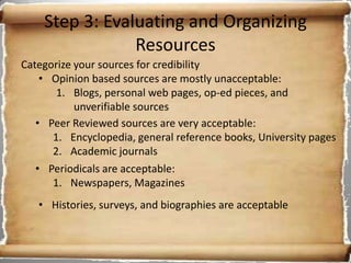 Step 3: Evaluating and Organizing
                Resources
Categorize your sources for credibility
    • Opinion based sources are mostly unacceptable:
       1. Blogs, personal web pages, op-ed pieces, and
           unverifiable sources
   • Peer Reviewed sources are very acceptable:
      1. Encyclopedia, general reference books, University pages
      2. Academic journals
   • Periodicals are acceptable:
      1. Newspapers, Magazines
   • Histories, surveys, and biographies are acceptable
 