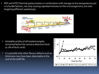 • PEF and HTST thermal pasteurization in combination with storage at low temperatures act
in a hurdle fashion, not only causing repeated stresses on the microorganisms, but also
targeting different weaknesses
• titratable acidity of all treated samples
remained below the sensory detection level
(0.2% of lactic acid)
• It is possible that other flavour defects such as
bitterness may have been detectable at the
end of the shelf life
 