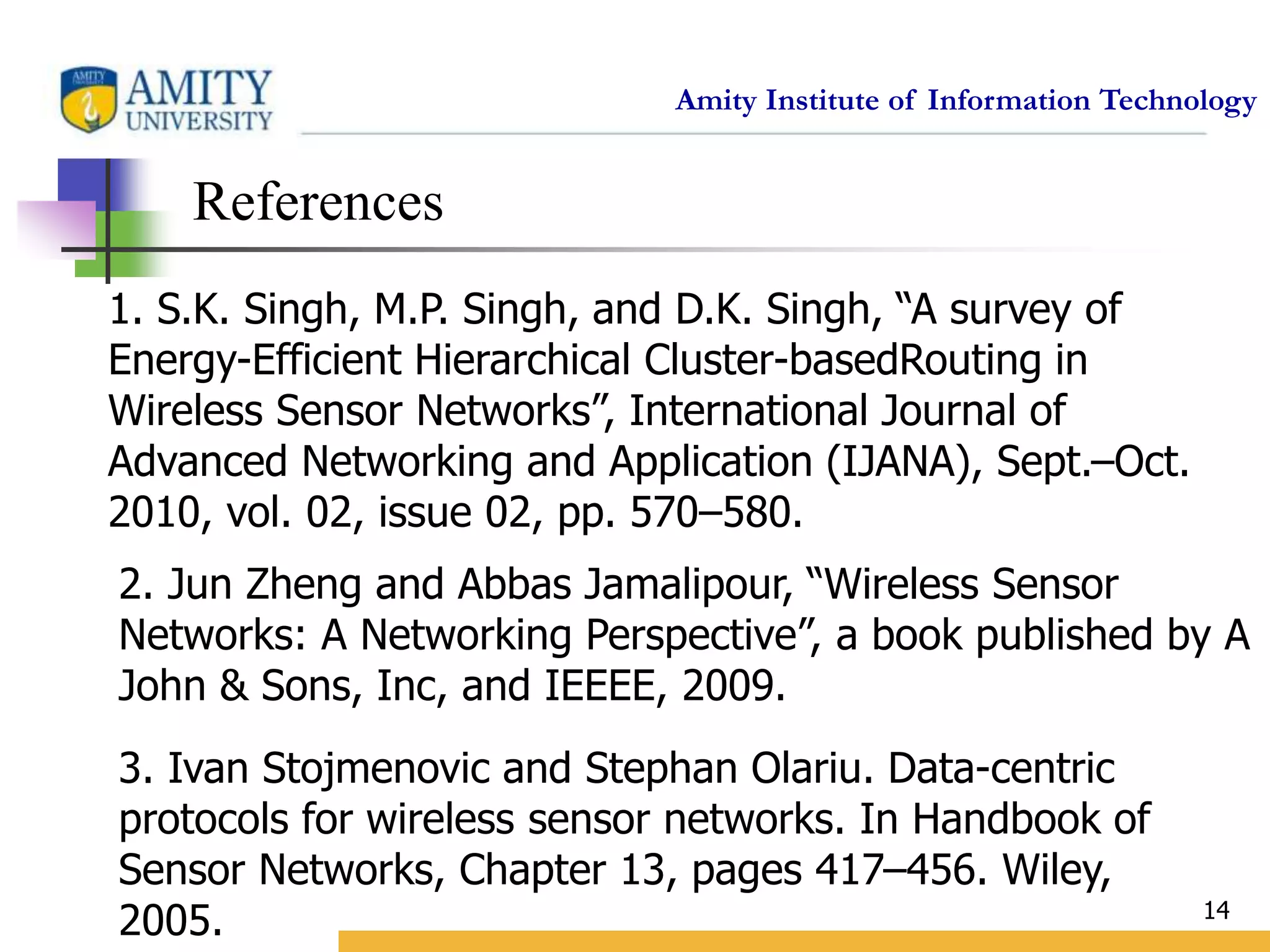 Amity Institute of Information Technology
14
References
1. S.K. Singh, M.P. Singh, and D.K. Singh, “A survey of
Energy-Efficient Hierarchical Cluster-basedRouting in
Wireless Sensor Networks”, International Journal of
Advanced Networking and Application (IJANA), Sept.–Oct.
2010, vol. 02, issue 02, pp. 570–580.
2. Jun Zheng and Abbas Jamalipour, “Wireless Sensor
Networks: A Networking Perspective”, a book published by A
John & Sons, Inc, and IEEEE, 2009.
3. Ivan Stojmenovic and Stephan Olariu. Data-centric
protocols for wireless sensor networks. In Handbook of
Sensor Networks, Chapter 13, pages 417–456. Wiley,
2005.
 