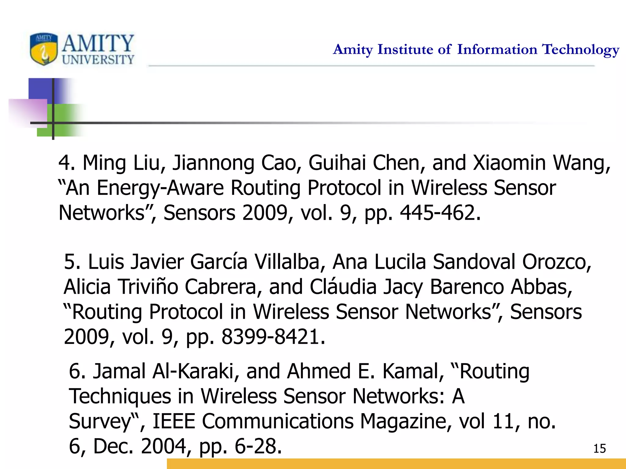 Amity Institute of Information Technology
15
4. Ming Liu, Jiannong Cao, Guihai Chen, and Xiaomin Wang,
“An Energy-Aware Routing Protocol in Wireless Sensor
Networks”, Sensors 2009, vol. 9, pp. 445-462.
5. Luis Javier García Villalba, Ana Lucila Sandoval Orozco,
Alicia Triviño Cabrera, and Cláudia Jacy Barenco Abbas,
“Routing Protocol in Wireless Sensor Networks”, Sensors
2009, vol. 9, pp. 8399-8421.
6. Jamal Al-Karaki, and Ahmed E. Kamal, “Routing
Techniques in Wireless Sensor Networks: A
Survey“, IEEE Communications Magazine, vol 11, no.
6, Dec. 2004, pp. 6-28.
 