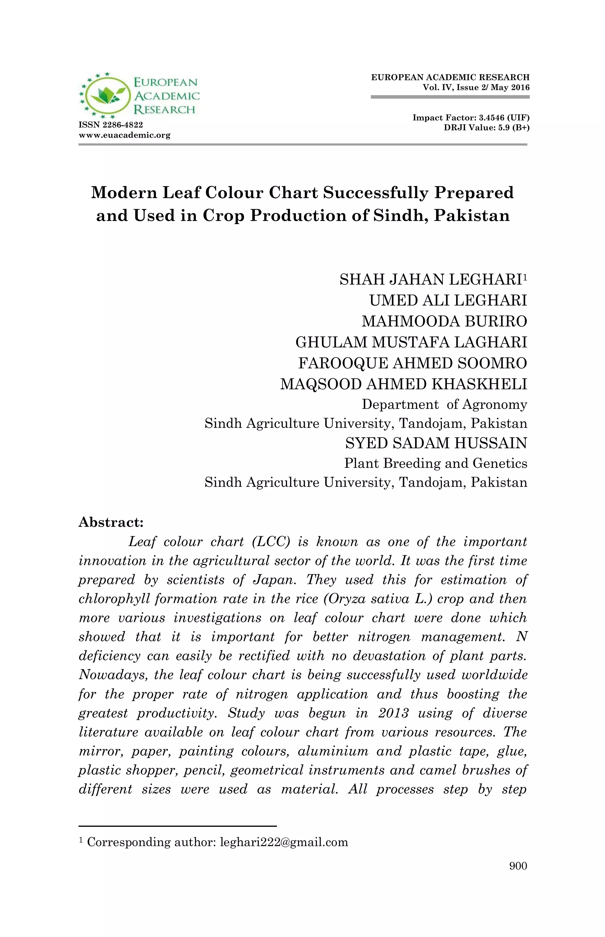 Modern Leaf Colour Chart Successfully Prepared and Used in Crop