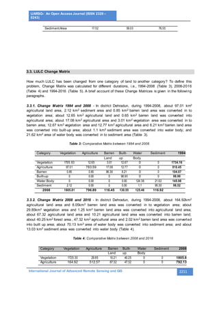 IJARSG– An Open Access Journal (ISSN 2320 –
0243)
International Journal of Advanced Remote Sensing and GIS 2211
3.3. LULC Change Matrix
How much LULC has been changed from one category of land to another category? To define this
problem, Change Matrix was calculated for different durations, i.e., 1994-2008 (Table 3), 2008-2016
(Table 4) and 1994-2016 (Table 5). A brief account of these Change Matrices is given in the following
paragraphs.
3.3.1. Change Matrix 1994 and 2008 - In district Dehradun, during 1994-2008, about 97.01 km2
agricultural land area, 2.12 km2 sediment area and 0.85 km2 barren land area was converted in to
vegetation area; about 12.65 km2 agricultural land and 0.65 km2 barren land was converted into
agricultural area; about 17.08 km2 agricultural area and 3.01 km2 vegetation area was converted in to
barren area; 12.67 km2 vegetation area and 12.77 km2 agricultural area and 6.21 km2 barren land area
was converted into built-up area; about 1.1 km2 sediment area was converted into water body; and
21.62 km2 area of water body was converted in to sediment area (Table 3).
Table 3: Comparative Matrix between 1994 and 2008
Category Vegetation Agriculture Barren Built- Water Sediment 1994
Land up Body
Vegetation 1705.83 12.65 3.01 12.67 0 0 1734.16
Agriculture 97.01 783.59 17.08 12.77 0 0 910.45
Barren 0.85 0.65 96.36 6.21 0 0 104.07
Built-up 0 0.00 0 98.90 0 0 98.90
Water Body 0 0.00 0 0.00 124.36 21.62 145.98
Sediment 2.12 0.00 0 0.00 1.1 95.30 98.52
2008 1805.81 796.89 116.45 130.55 125.46 116.92
3.3.2. Change Matrix 2008 and 2016 - In district Dehradun, during 1994-2008, about 164.92km2
agricultural land area and 8.05km2 barren land area was converted in to vegetation area; about
29.85km2 vegetation area and 1.25 km2 barren land area was converted into agricultural land area;
about 67.32 agricultural land area and 10.21 agricultural land area was converted into barren land;
about 40.25 km2 forest area , 47.32 km2 agricultural area and 2.02 km2 barren land area was converted
into built up area; about 70.13 km2 area of water body was converted into sediment area; and about
13.03 km2 sediment area was converted into water body (Table 4).
Table 4: Comparative Matrix between 2008 and 2016
Category Vegetation Agriculture Barren Built- Water Sediment 2008
Land up Body
Vegetation 1725.30 29.85 10.21 40.25 0 0 1805.6
Agriculture 164.92 512.57 67.32 47.32 0 0 792.13
SedimentArea 17.52 59.03 76.55
 