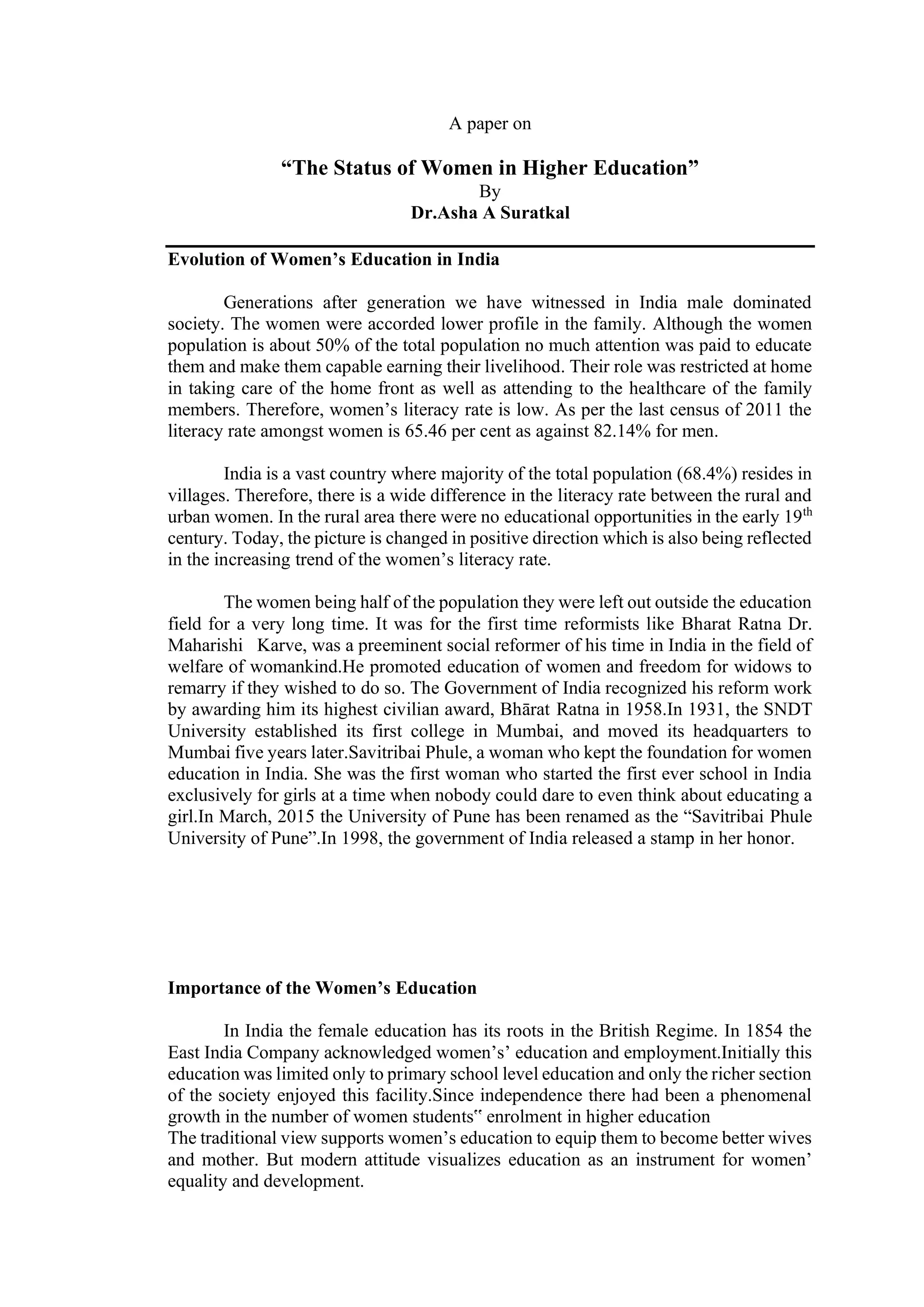Status of Women in Higher education | PDF